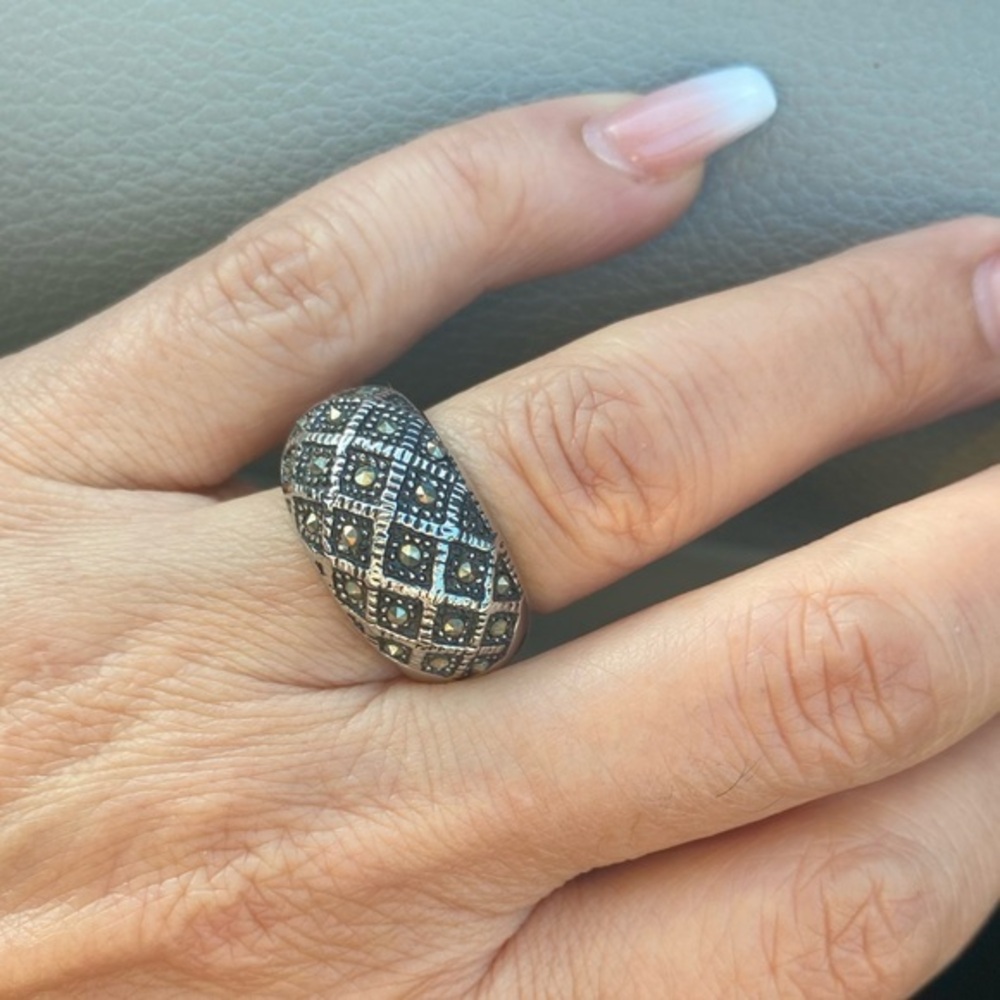 New Oxidized Antique vintage look Large Stainless Steel Dome Ring Size 6.5 CZ